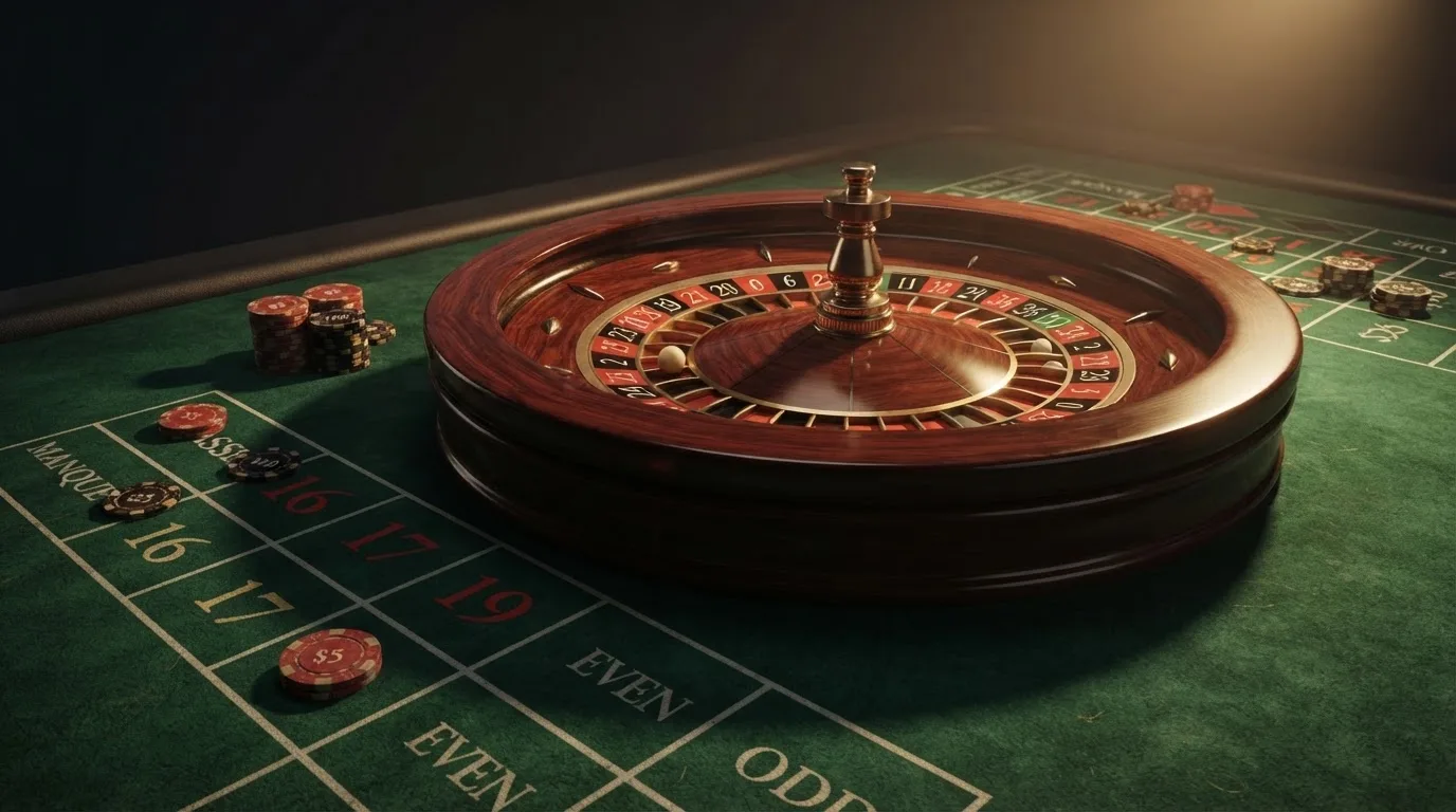 Roulettehjul och spelmarker på grön filt i varmt kvällsljus — 10 euro casino i sverige