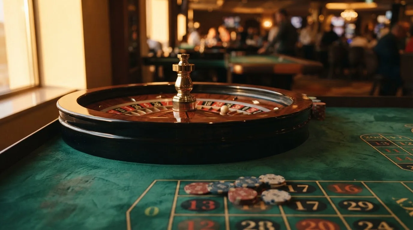 Roulettehjul och spelmarker på grön filt i varmt kvällsljus — 10 free spins casino i sverige