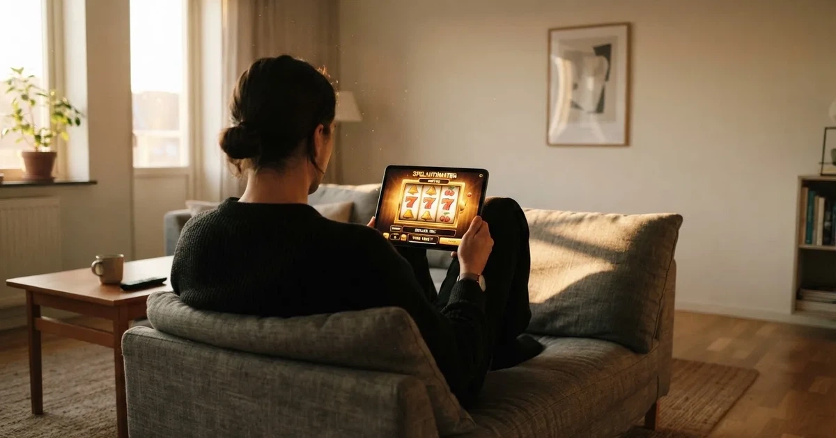 Person i en soffa ser eftertänksamt på en surfplatta, en klocka på väggen bakom — 10 free spins casino i sverige