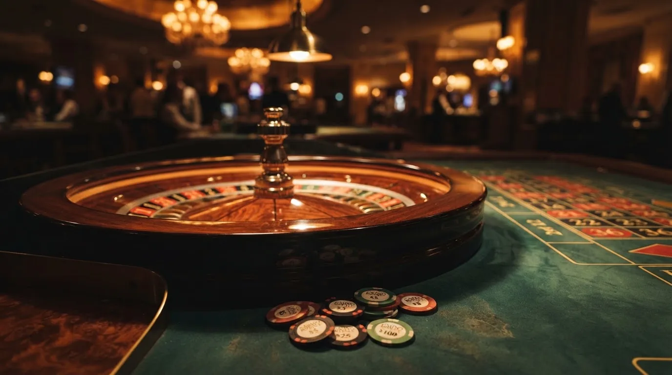 Roulettehjul och spelmarker på grön filt i varmt kvällsljus — 10 kr casino i sverige