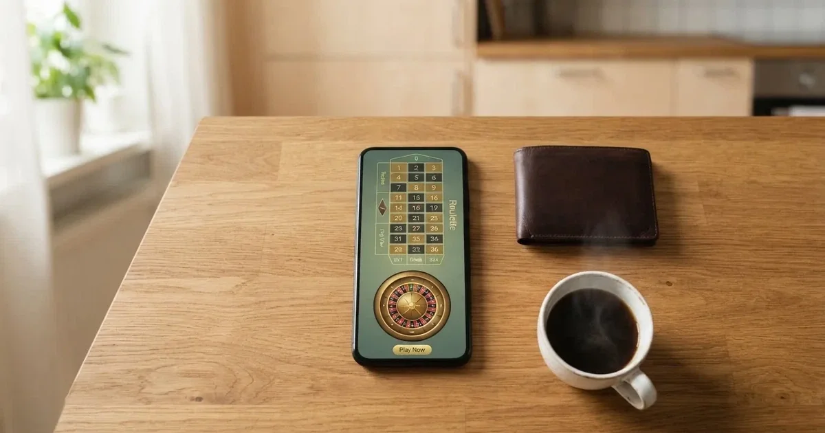 Mobiltelefon på ett träbord bredvid en plånbok och en kopp kaffe — 10 kr casino i sverige