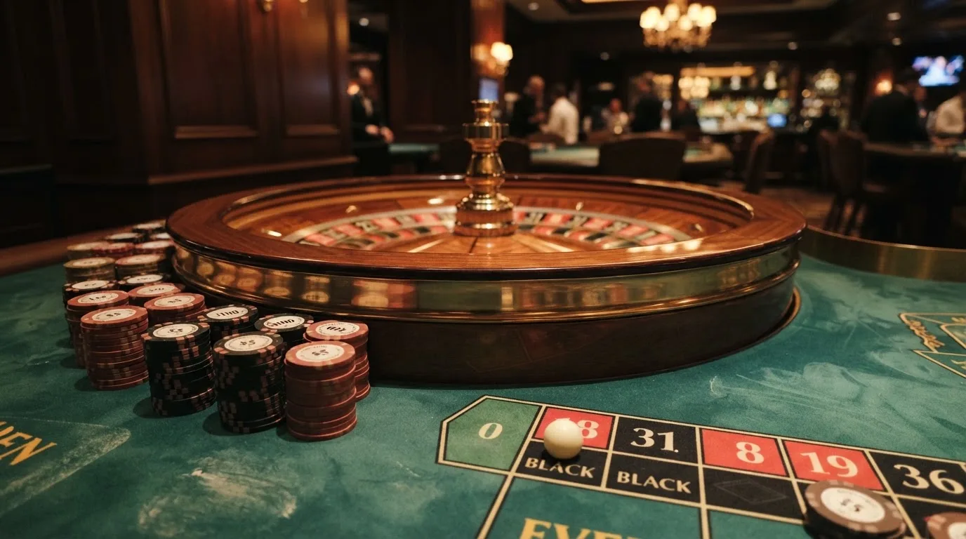 Roulettehjul och spelmarker på grön filt i varmt kvällsljus — 100 euro casino i sverige
