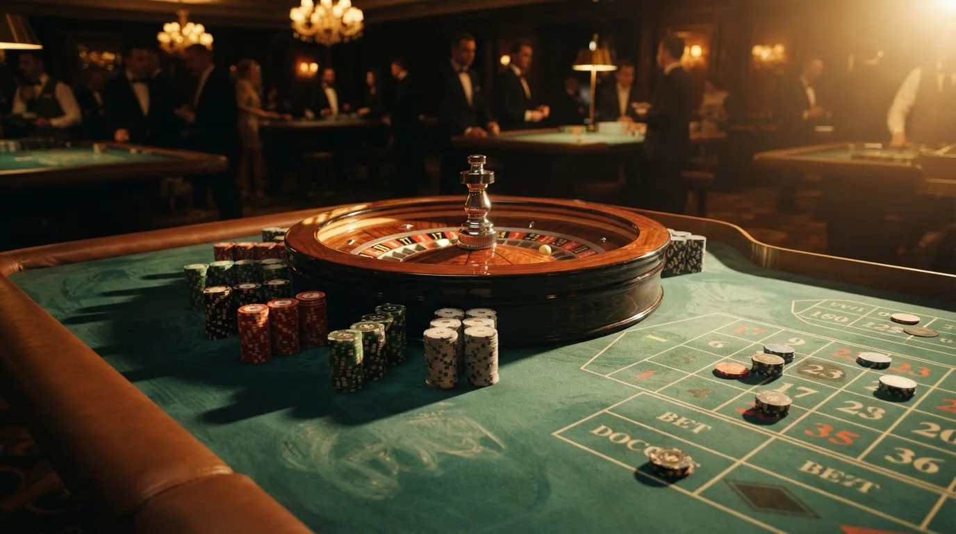 Roulettehjul och spelmarker på grön filt i varmt kvällsljus — 100 free spins casino i sverige