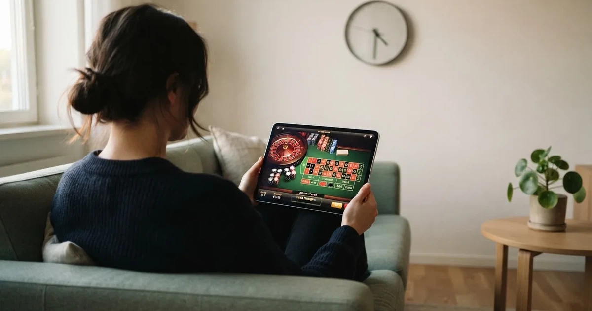 Person i en soffa ser eftertänksamt på en surfplatta, en klocka på väggen bakom — 100 free spins casino i sverige