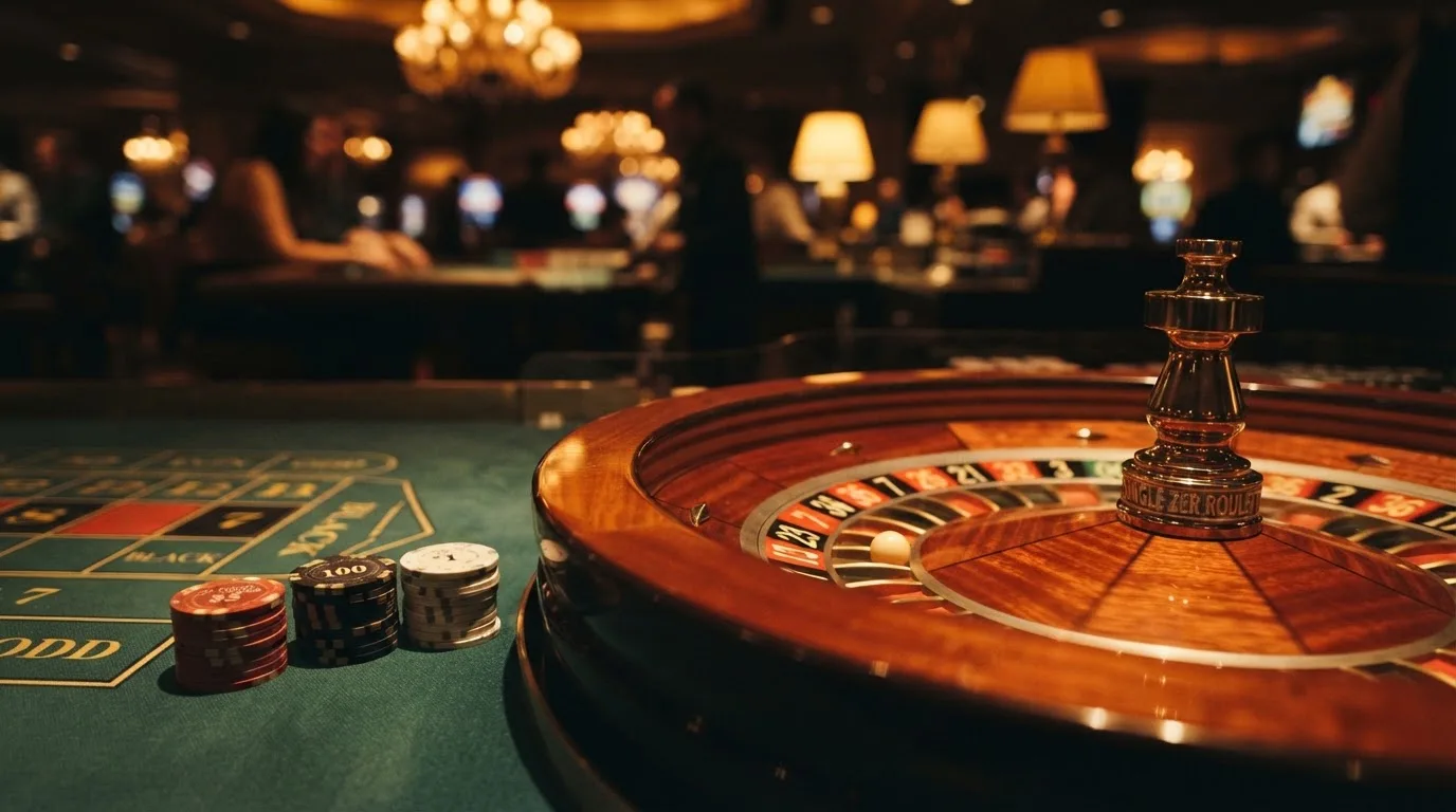 Roulettehjul och spelmarker på grön filt i varmt kvällsljus — 150 free spins casino i sverige
