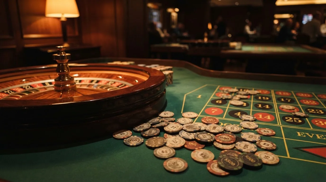 Roulettehjul och spelmarker på grön filt i varmt kvällsljus — bästa blackjack i sverige