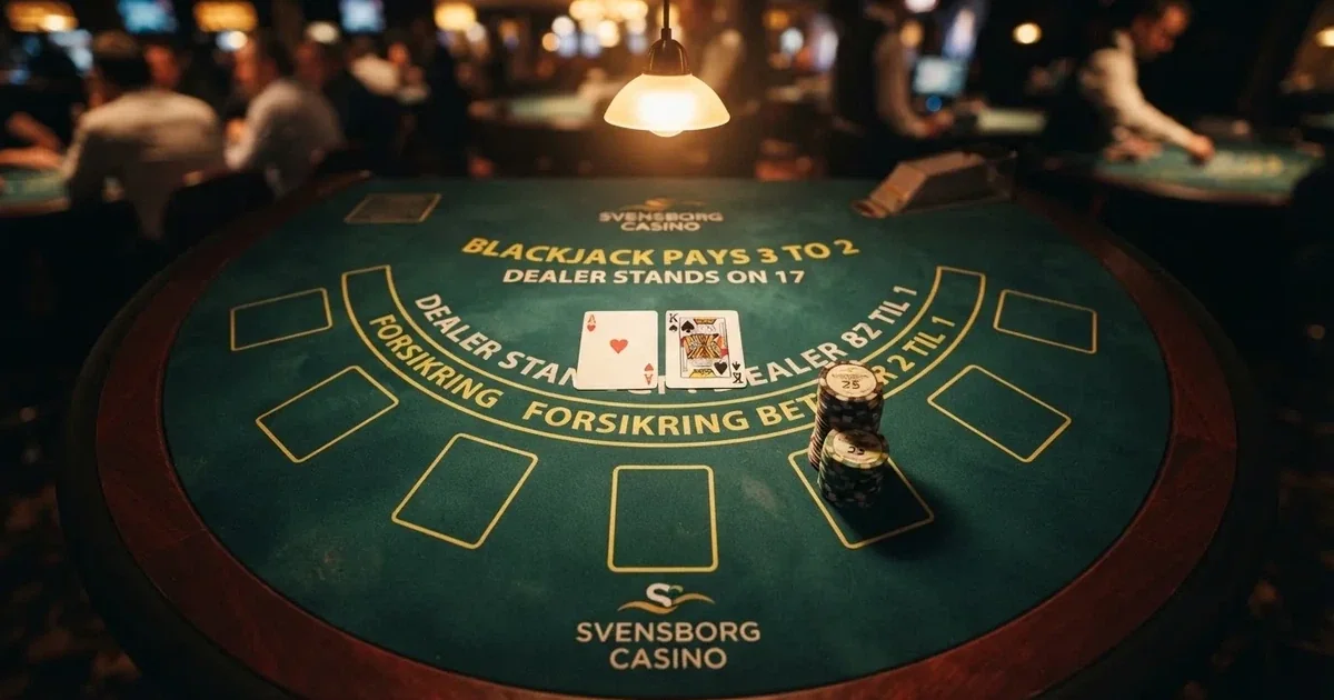Upplyst spelbord med kort, sett ovanifrån — bästa blackjack i sverige