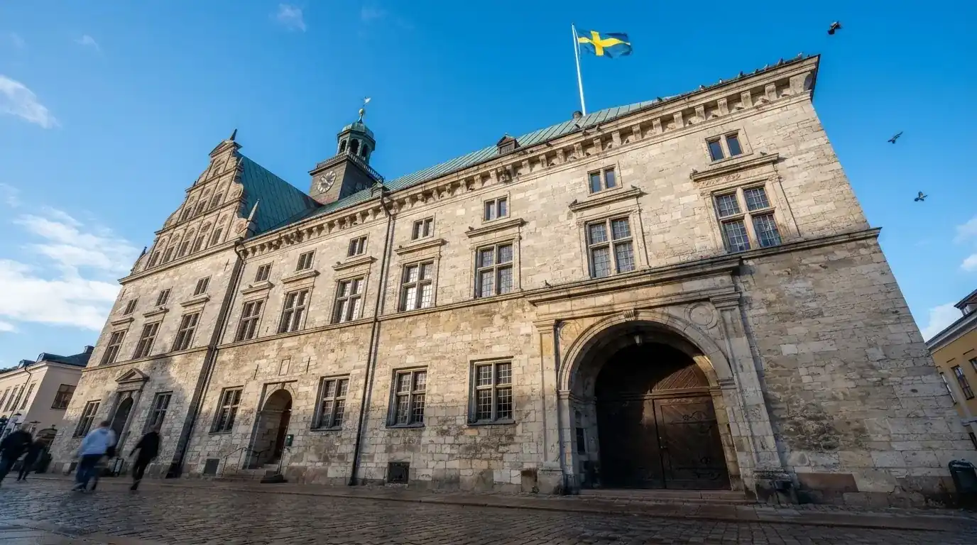 Ett gammalt stadshus i sten fotograferat underifrån mot en klarblå himmel, med den svenska flaggan som fladdrar ovanför entrén.