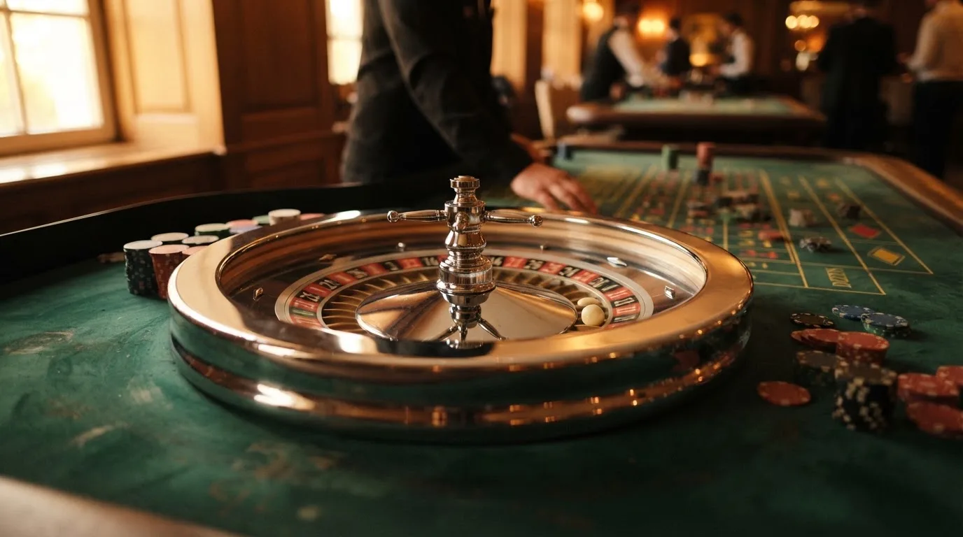 Roulettehjul och spelmarker på grön filt i varmt kvällsljus — blackjack gratis i sverige
