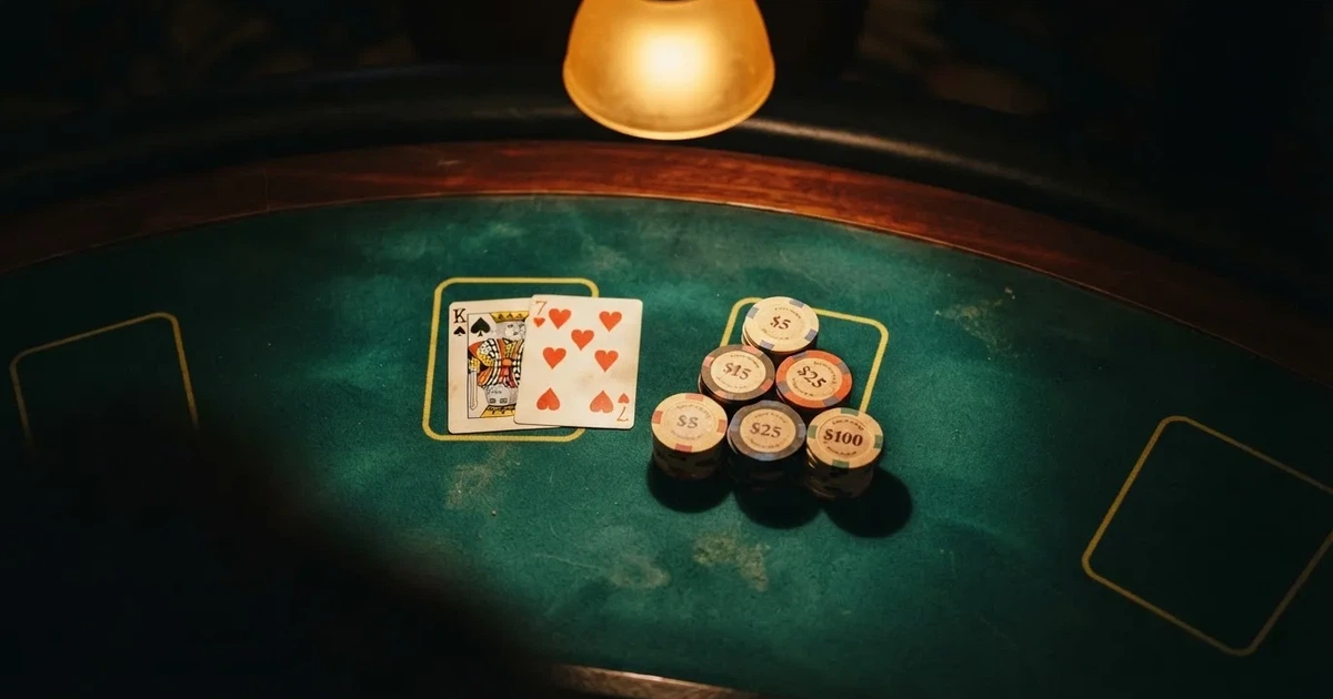 Upplyst spelbord med kort, sett ovanifrån — blackjack gratis i sverige