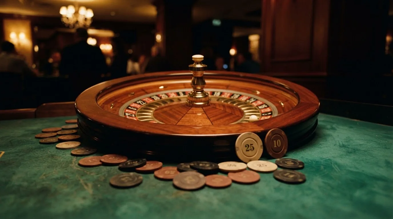 Roulettehjul och spelmarker på grön filt i varmt kvällsljus — blackjack med live dealer i sverige