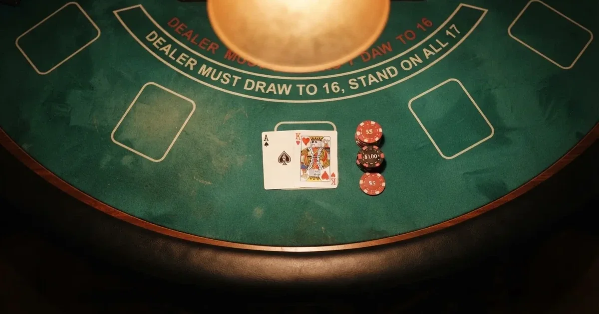 Upplyst spelbord med kort, sett ovanifrån — blackjack med live dealer i sverige