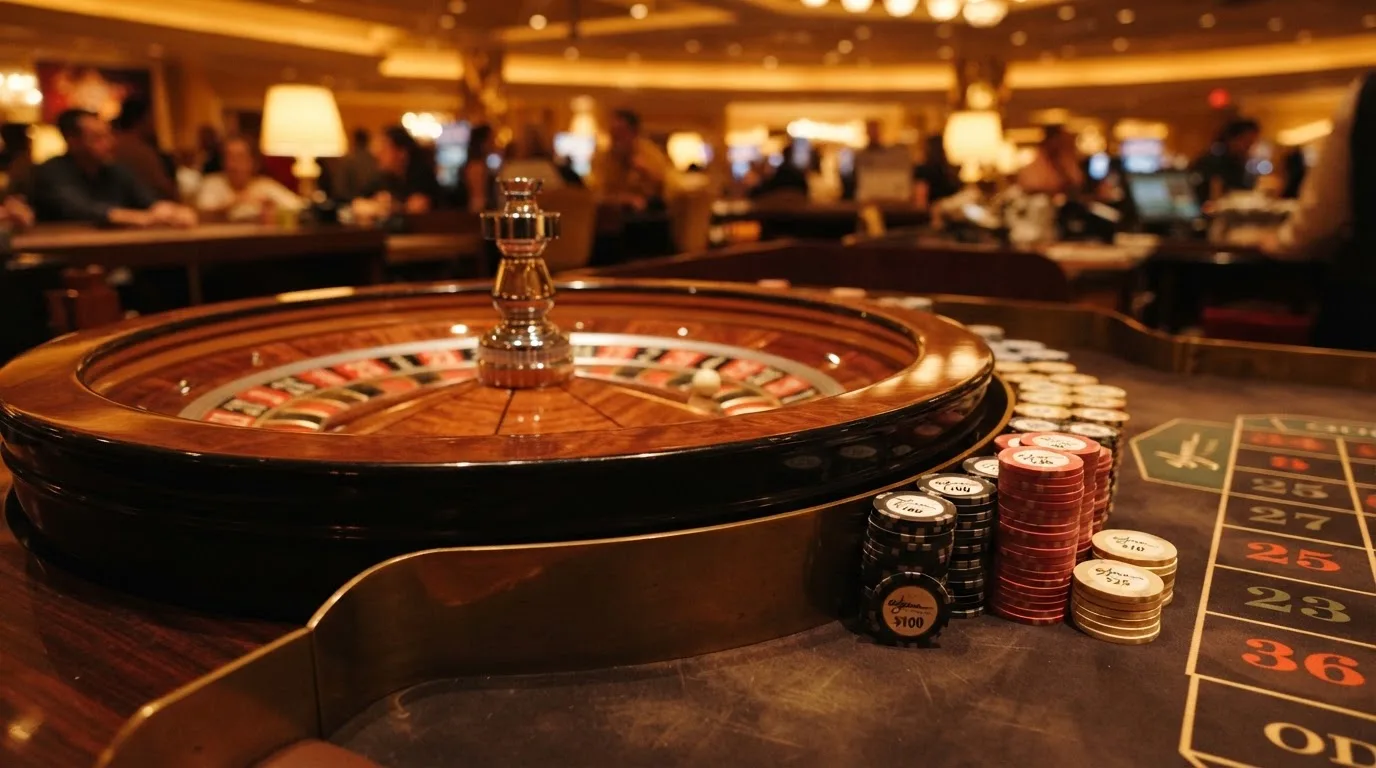 Roulettehjul och spelmarker på grön filt i varmt kvällsljus — blackjack på nätet i sverige