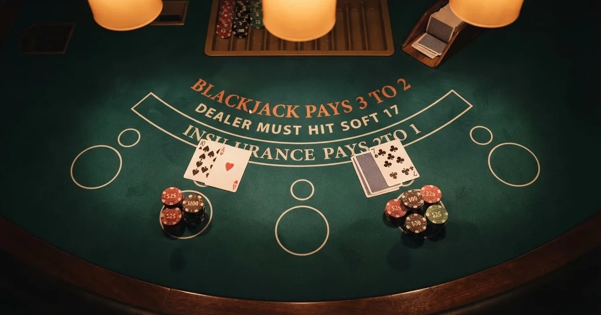 Upplyst spelbord med kort, sett ovanifrån — blackjack på nätet i sverige