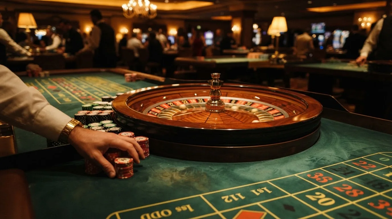 Roulettehjul och spelmarker på grön filt i varmt kvällsljus — bra svenska casinon