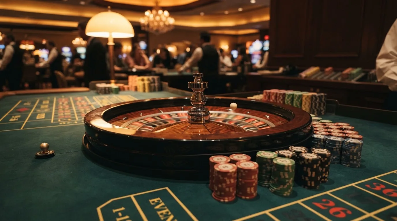 Roulettehjul och spelmarker på grön filt i varmt kvällsljus — casino regler för svenskar