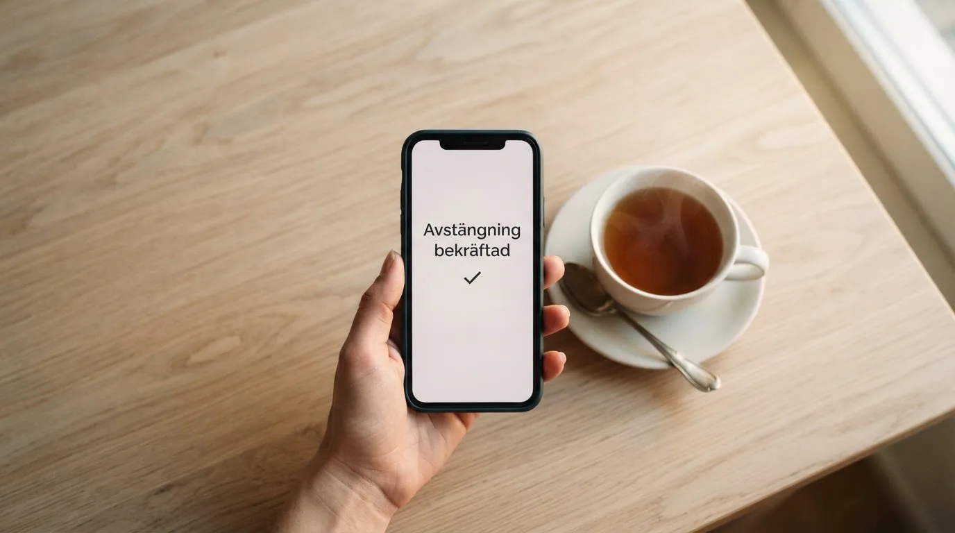 Hand håller en mobiltelefon bredvid en kopp te vid ett köksbord en lugn kväll — casino regler för svenskar