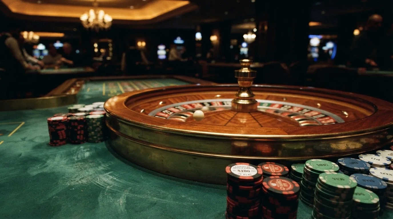 Roulettehjul och spelmarker på grön filt i varmt kvällsljus — casinon med bankid i sverige