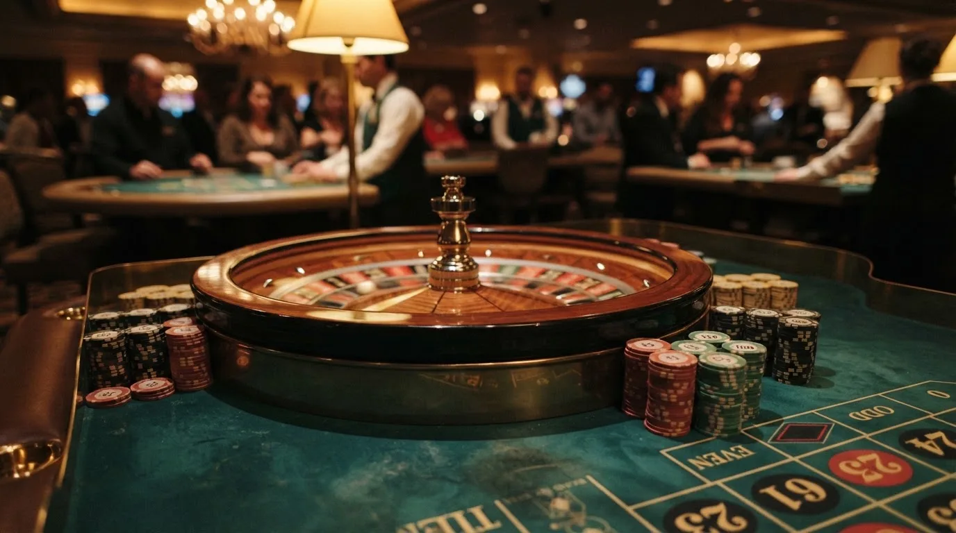 Roulettehjul och spelmarker på grön filt i varmt kvällsljus — casinon med curaçao licens