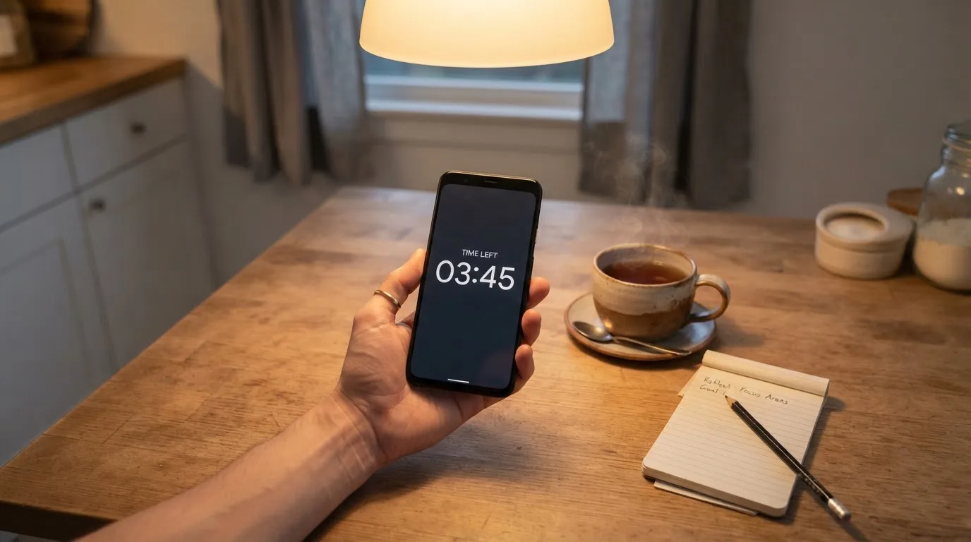 Hand håller en mobiltelefon bredvid en kopp te vid ett köksbord en lugn kväll — casinon med curaçao licens