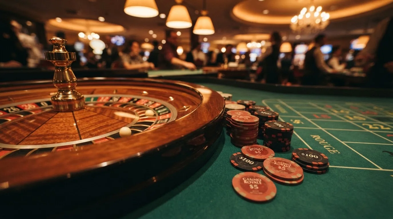Roulettehjul och spelmarker på grön filt i varmt kvällsljus — casinon med jackpot i sverige
