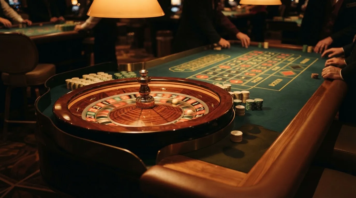 Roulettehjul och spelmarker på grön filt i varmt kvällsljus — casinon med slots i sverige