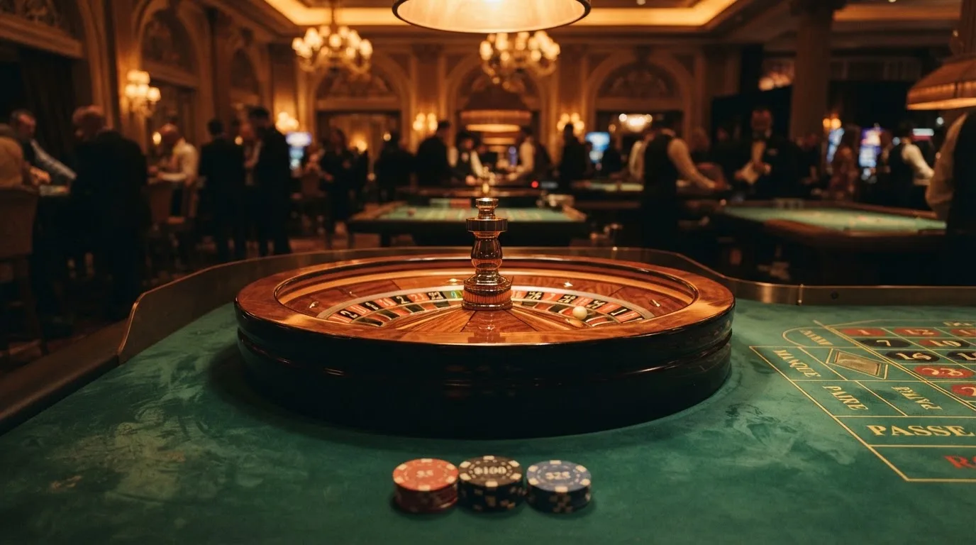 Roulettehjul och spelmarker på grön filt i varmt kvällsljus — casinon med uttag i sverige