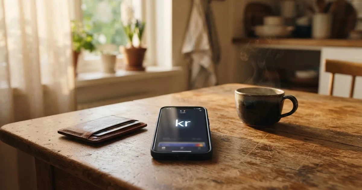 Mobiltelefon på ett träbord bredvid en plånbok och en kopp kaffe — casinon med uttag i sverige
