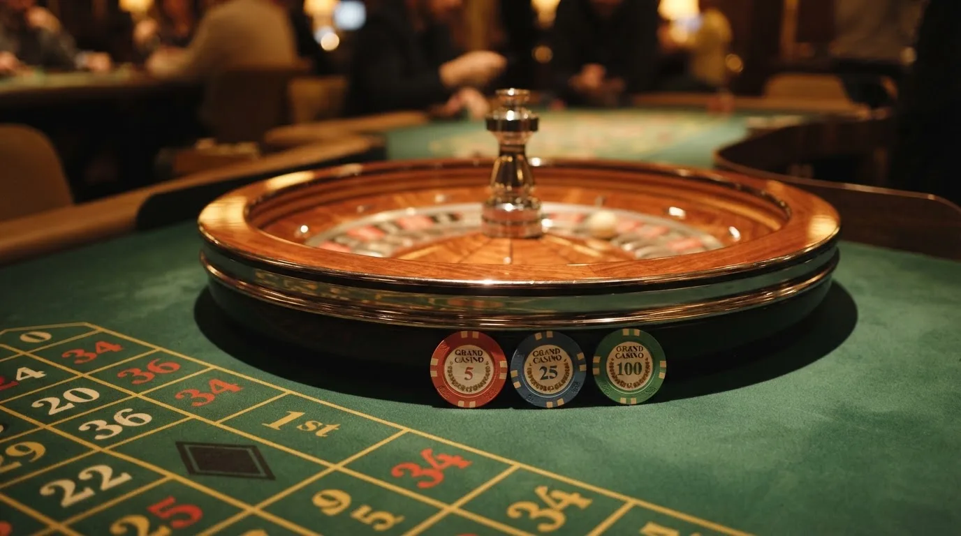 Roulettehjul och spelmarker på grön filt i varmt kvällsljus — casinon utan bankid i sverige