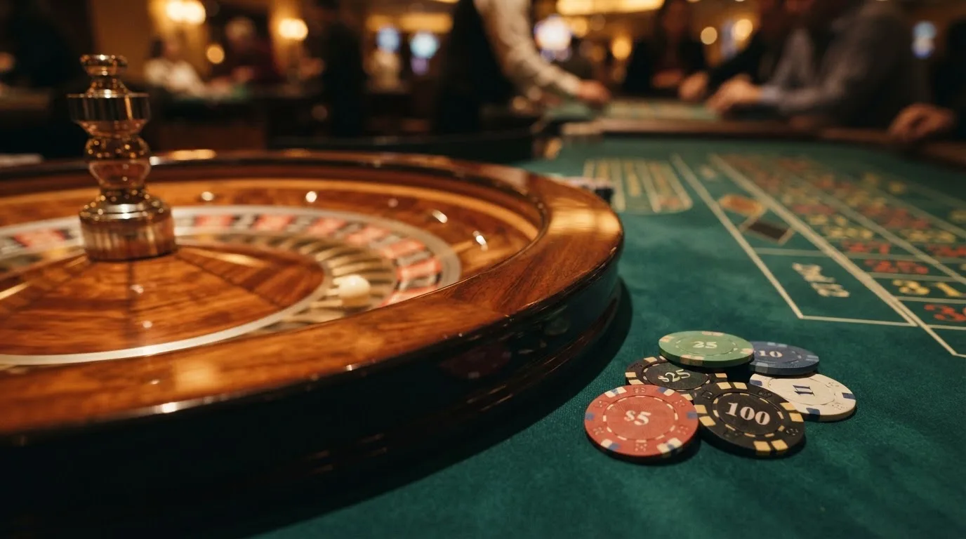 Roulettehjul och spelmarker på grön filt i varmt kvällsljus — casinon utan spelgräns i sverige