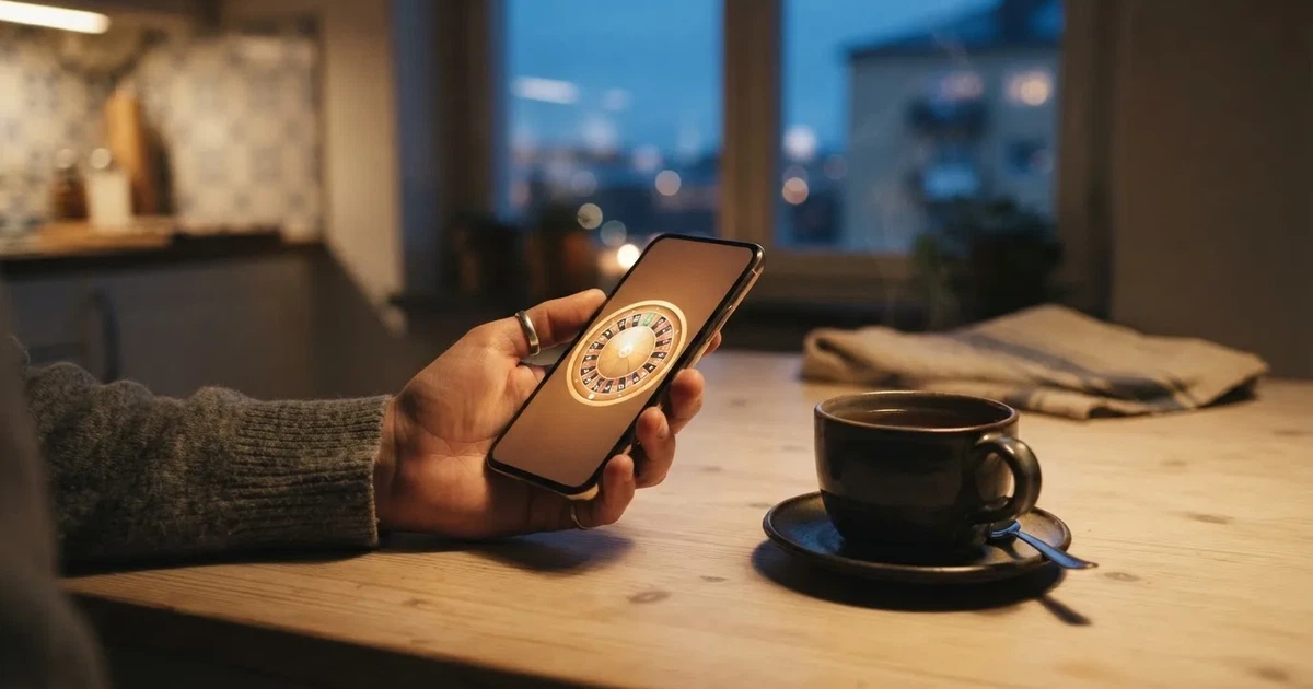 Hand håller en mobiltelefon bredvid en kopp te vid ett köksbord en lugn kväll — casinon utan spelgräns i sverige