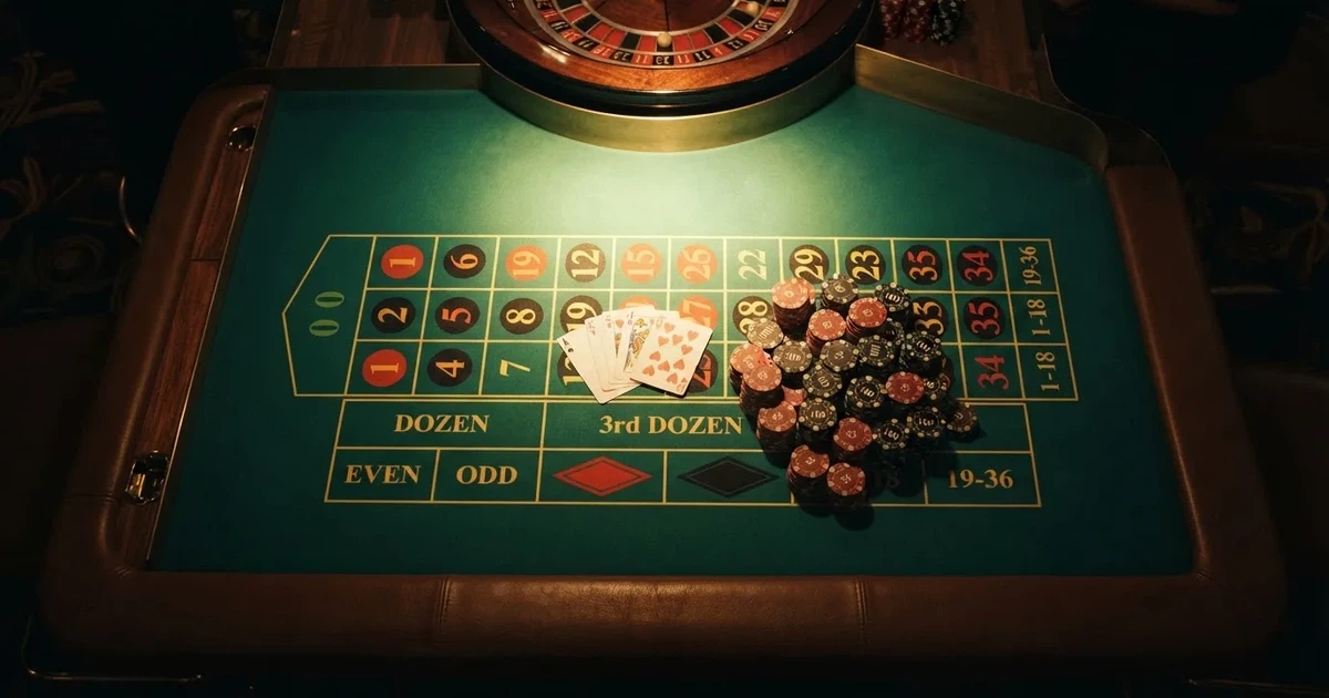 Upplyst spelbord med kort, sett ovanifrån — lightning roulette i sverige