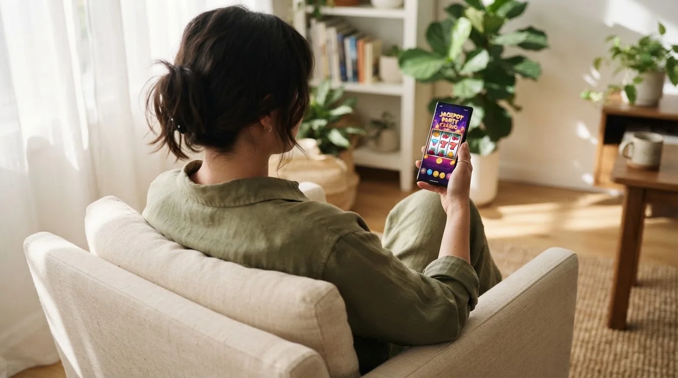 En person håller en smartphone i handen med skärmen vänd nedåt medan hen sitter i en fåtölj i ett ljust rum.