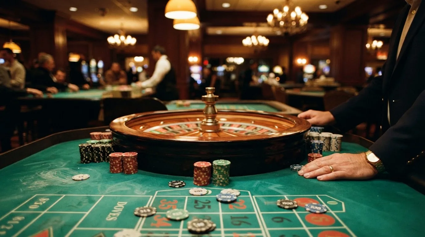 Roulettehjul och spelmarker på grön filt i varmt kvällsljus — svenska casinon med bitcoin