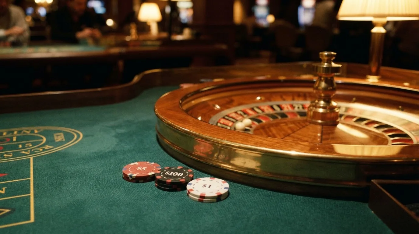 Roulettehjul och spelmarker på grön filt i varmt kvällsljus — svenska casinon med dogecoin