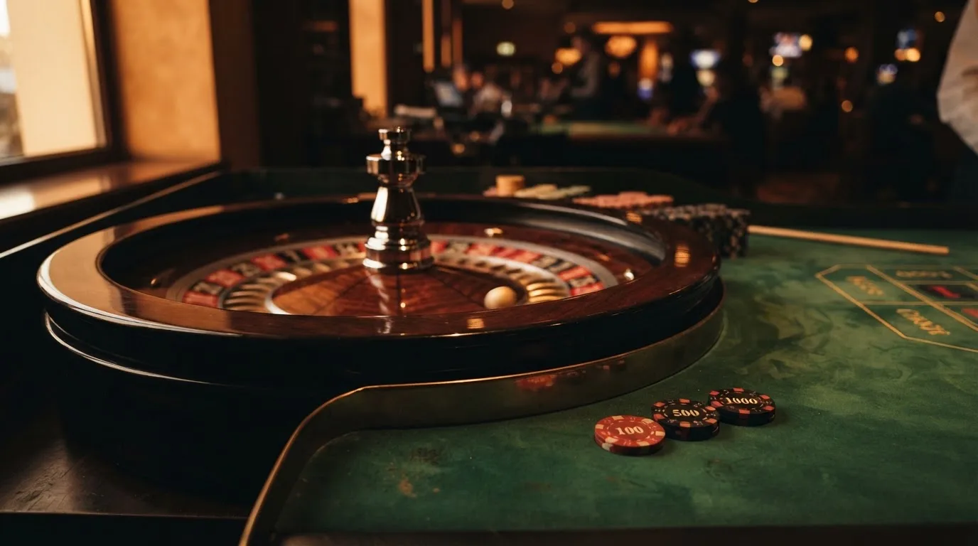Roulettehjul och spelmarker på grön filt i varmt kvällsljus — svenska casinon på android