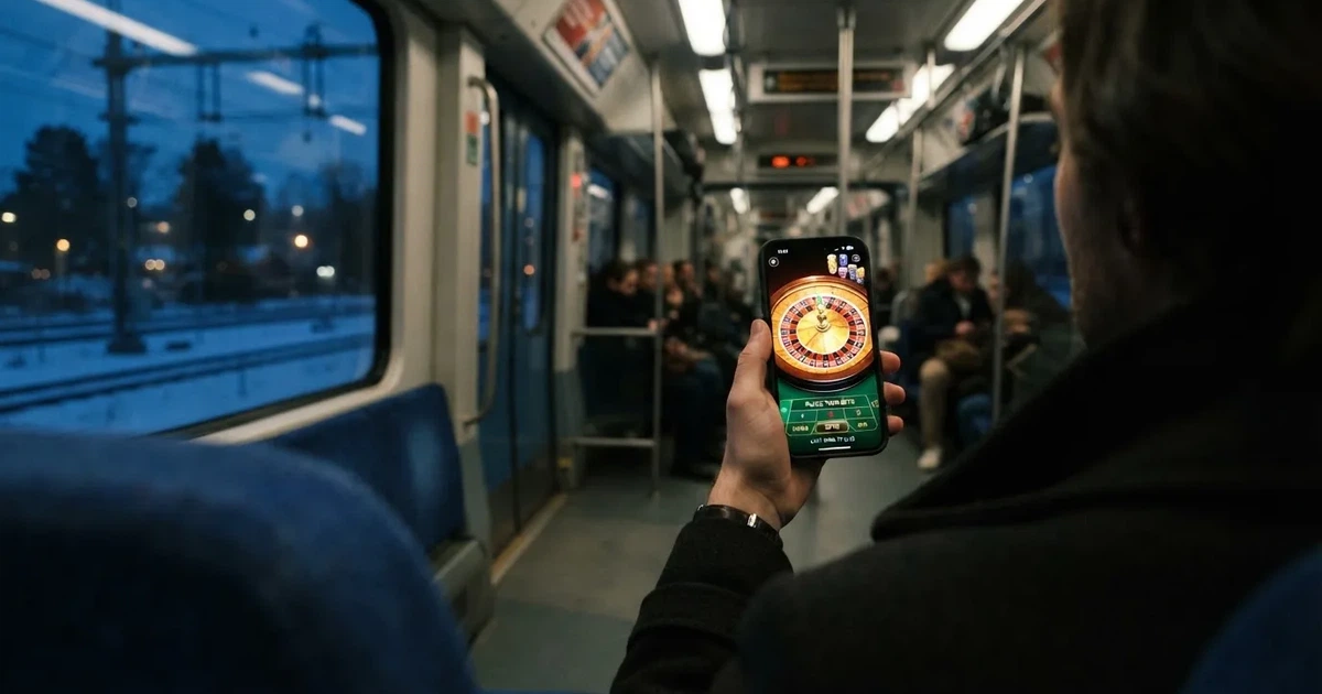 Mobiltelefon i handen på en pendeltåg i Stockholm en vinterkväll — svenska casinon på android